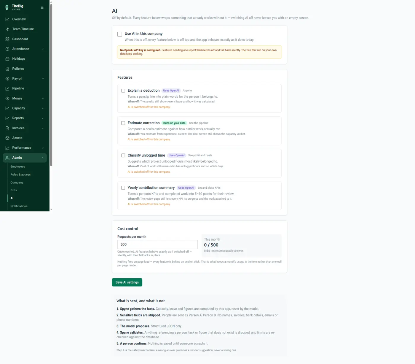 The AI settings screen listing each feature, what it does and what happens when it is off
