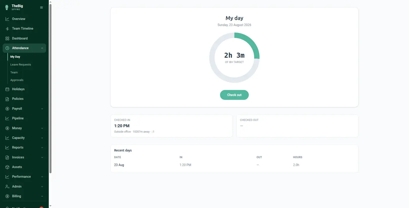 The employee's own attendance screen showing today's check-in time and hours worked