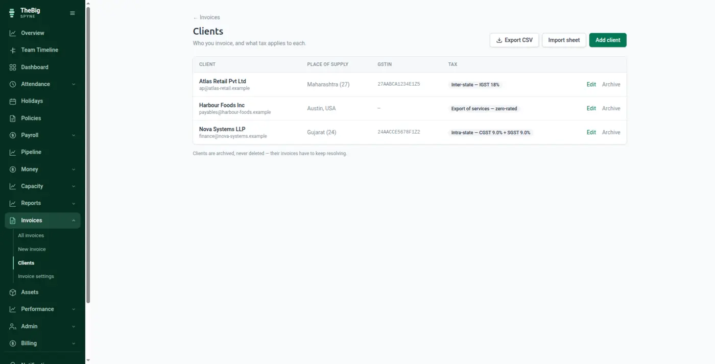 The client list with GSTIN, state and outstanding balance