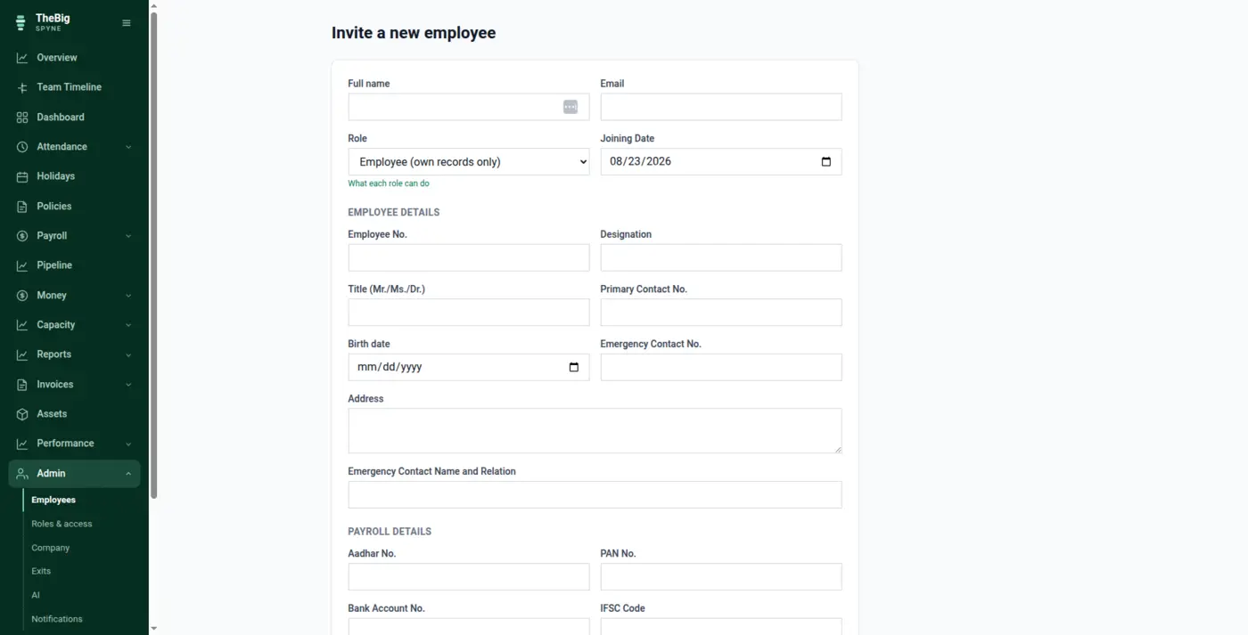 Inviting a new employee with their role, salary structure and joining date