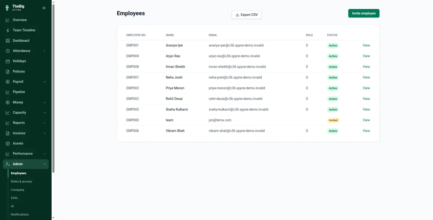 The employee directory showing people, roles, joining dates and status