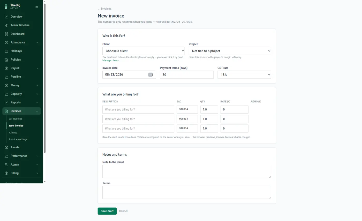 Creating a GST invoice with the client's details and tax treatment already filled in