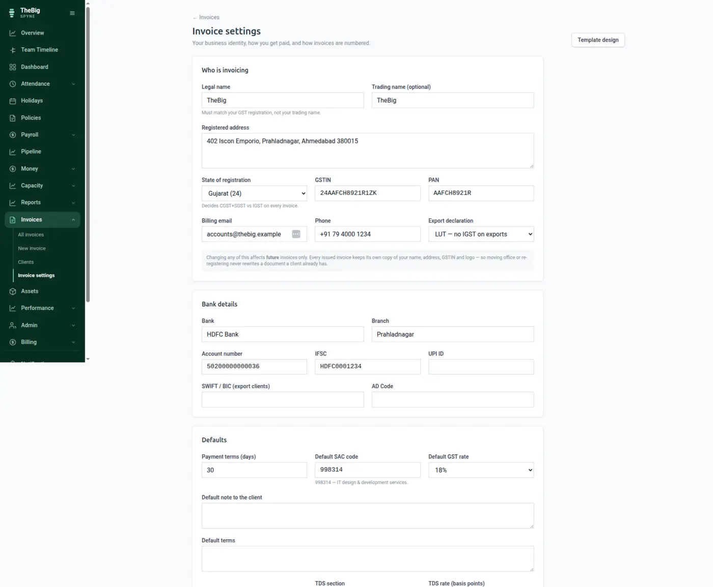 Invoicing settings with legal details, bank details and numbering