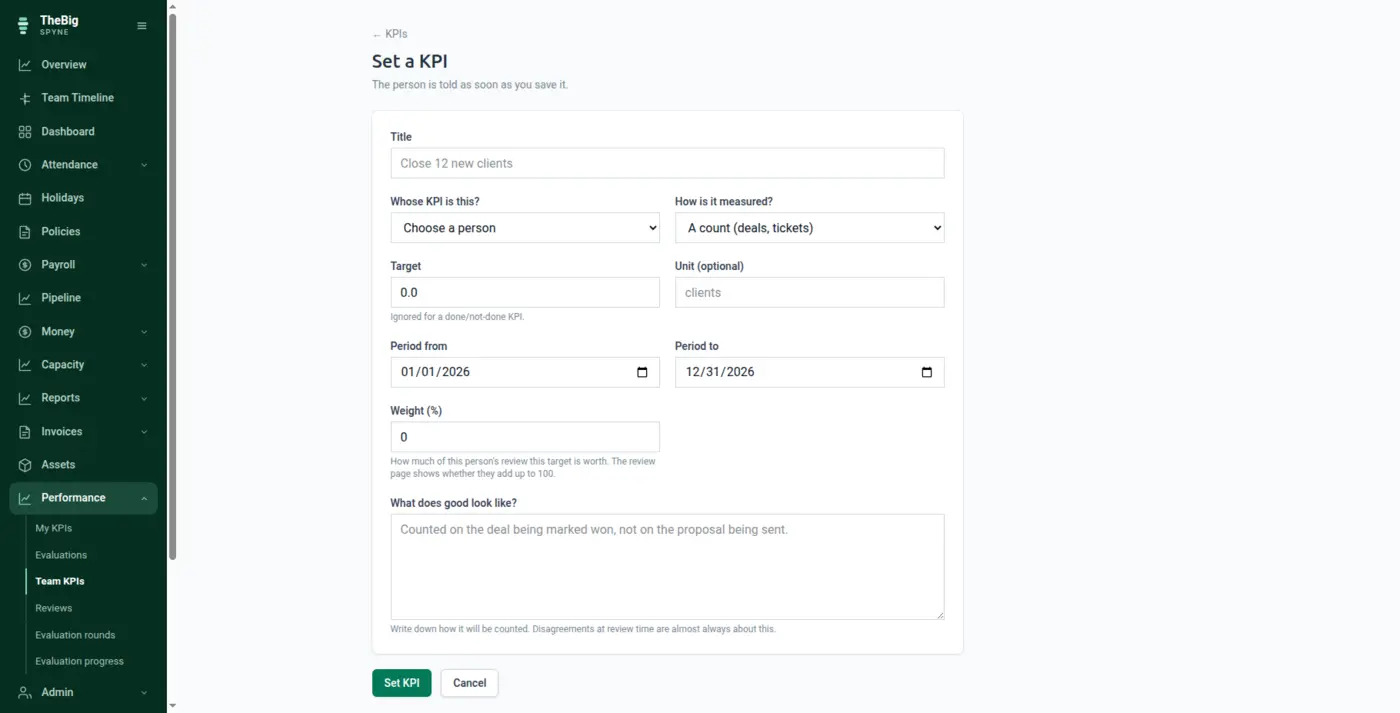 The form for setting a new KPI with measure, target, weight and period