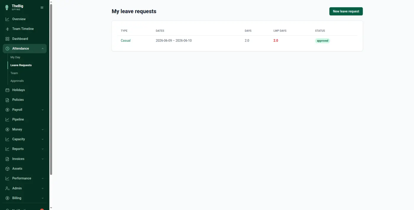 An employee's leave requests screen showing casual and sick leave balances and request history