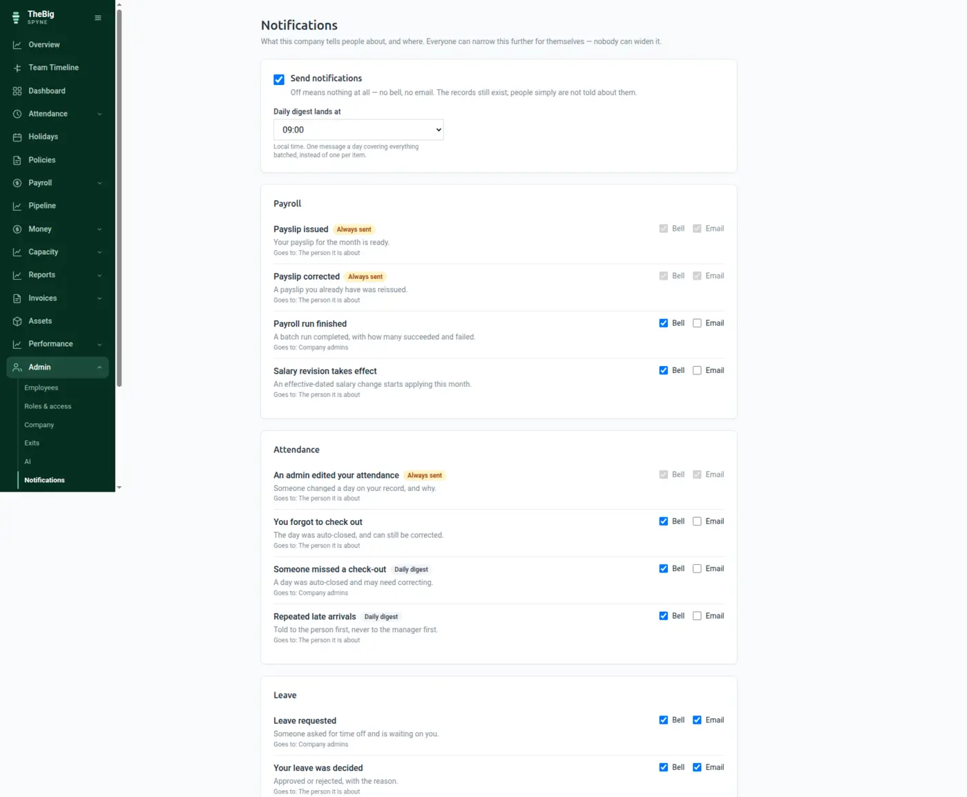 The notification feed showing recent events across payroll, leave and invoicing