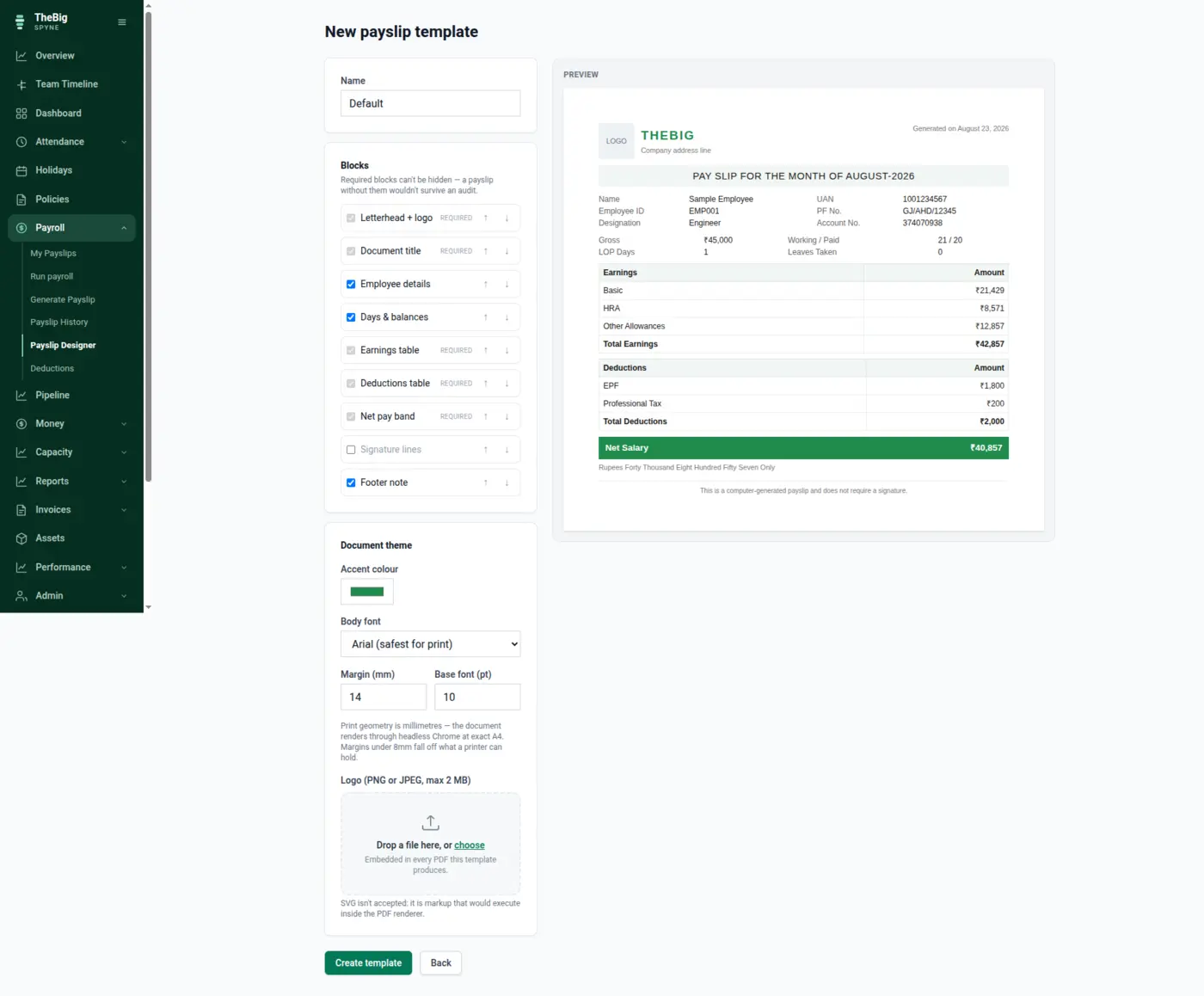 The payslip template designer with layout options and a live preview of the document