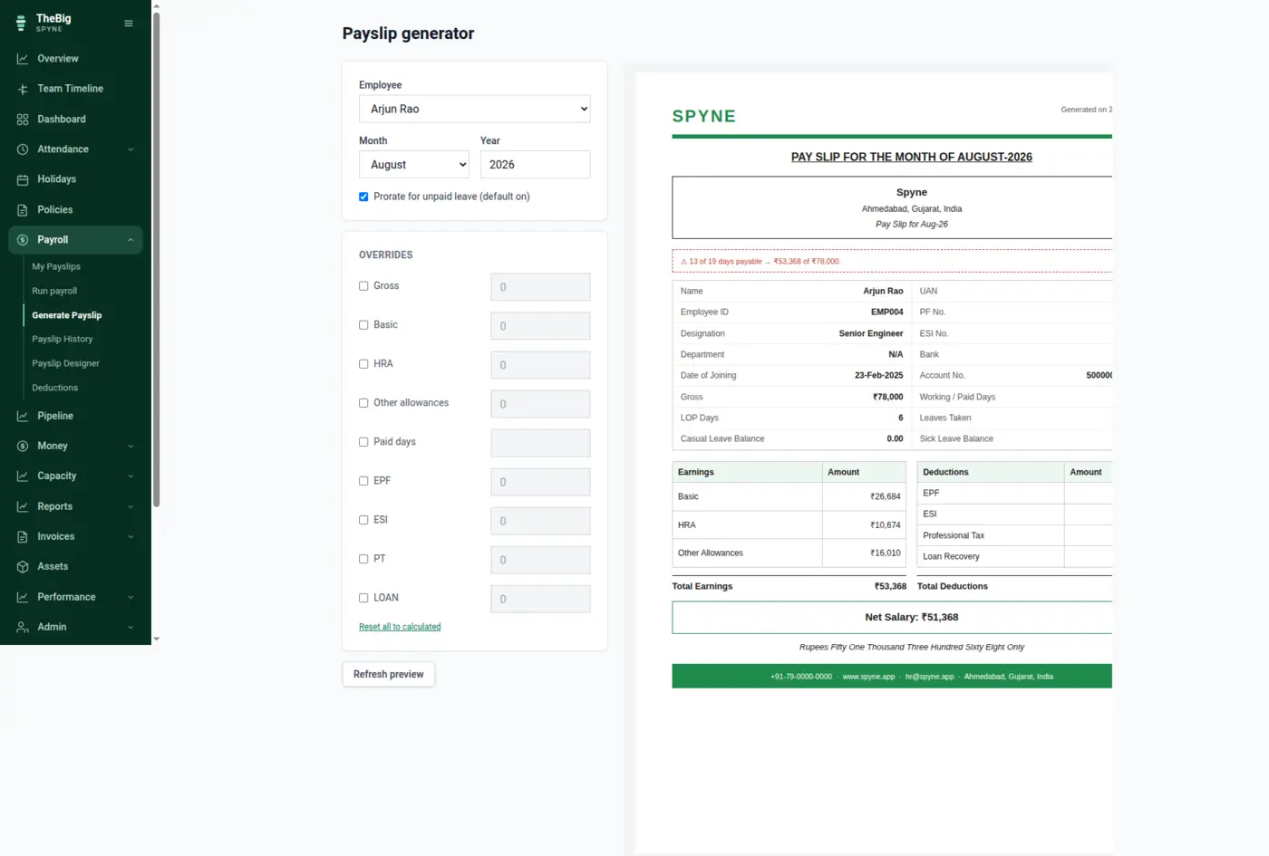 The payslip generator with employee and month selected, override fields, and a live payslip preview