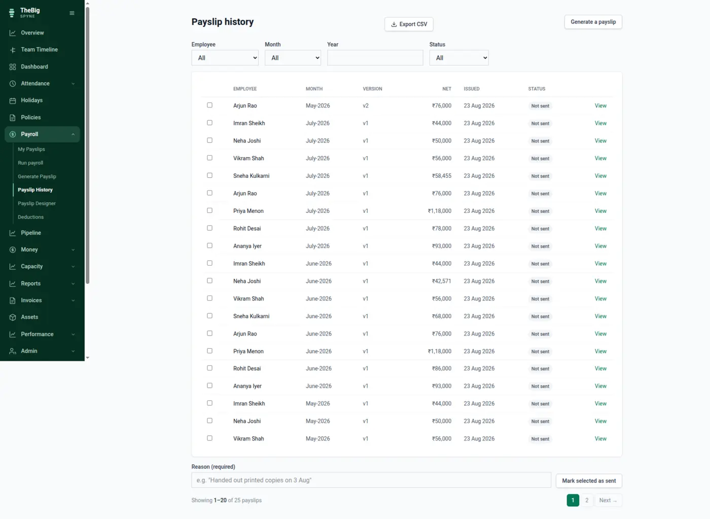 Payslip history listing issued payslips by employee and month with their versions