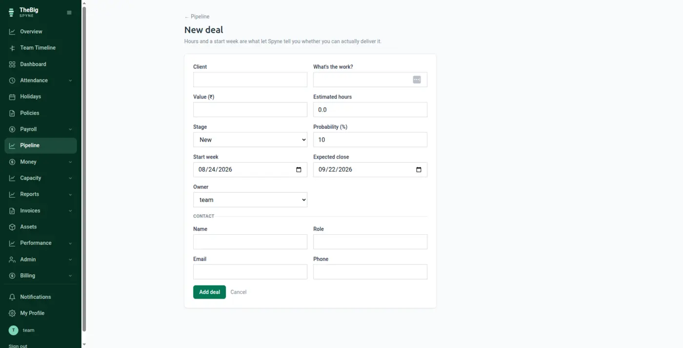 Creating a deal in the sales pipeline against an existing client record