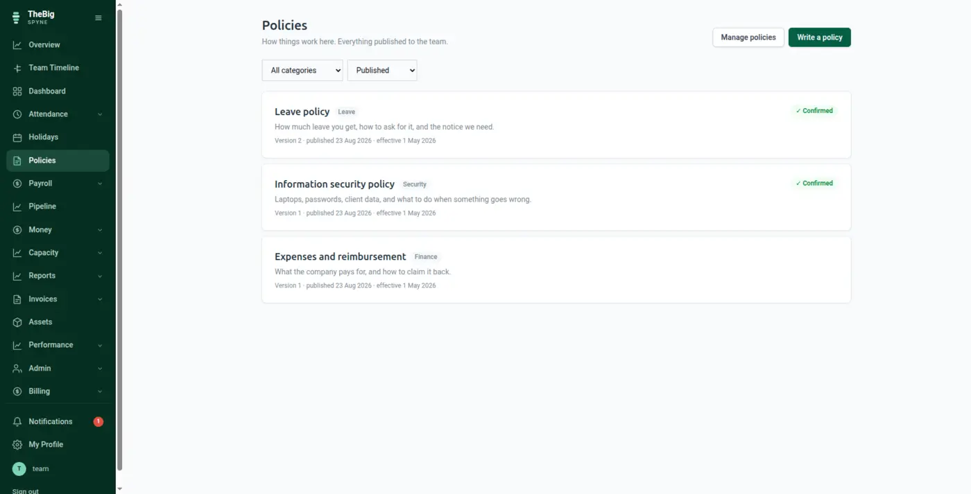 The company policies list with categories, versions and confirmation status