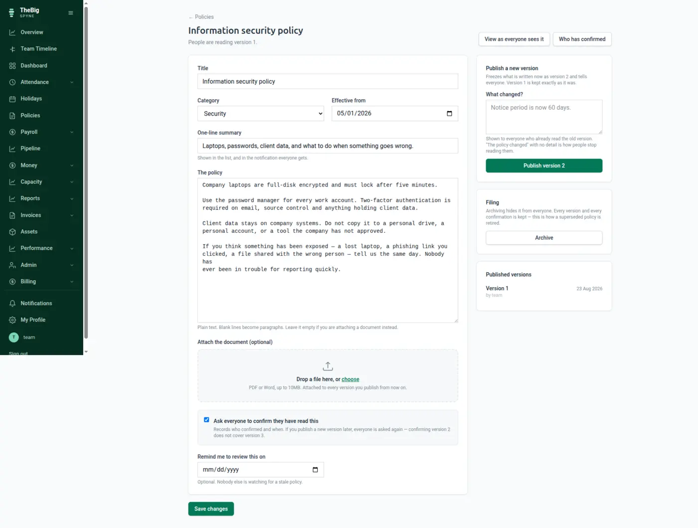 A published information security policy with its text, version history and confirmation button