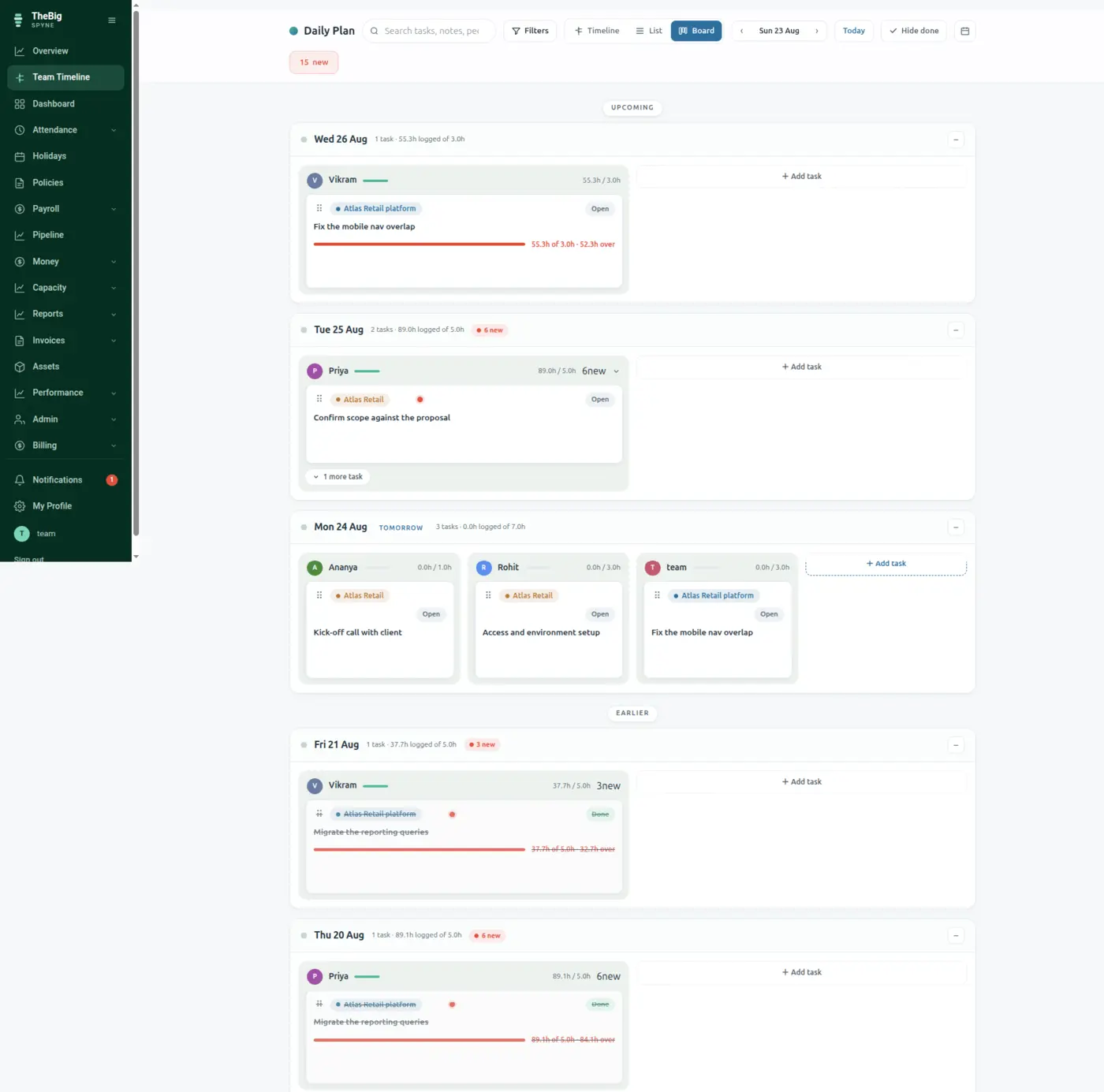 The team timeline showing a planned day of client work with estimates and logged hours