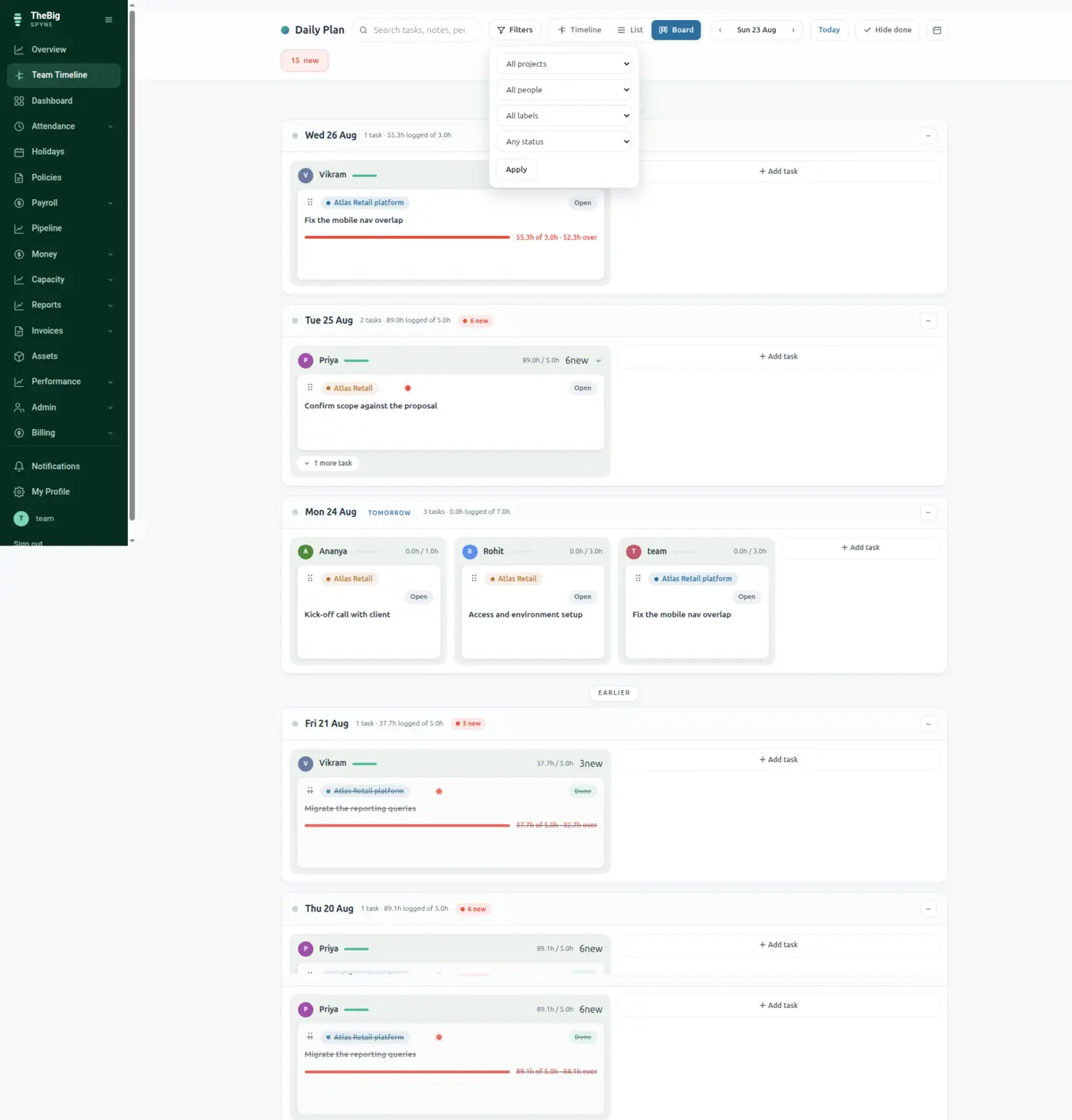 A published day on the team timeline with tasks, owners, estimates and logged hours