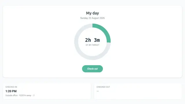 The employee's own attendance screen showing today's check-in time and hours worked