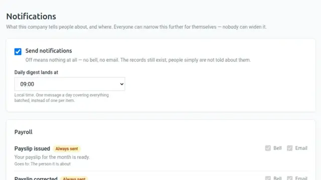 The notification feed showing recent events across payroll, leave and invoicing