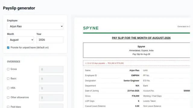 The payslip generator with employee and month selected, override fields, and a live payslip preview