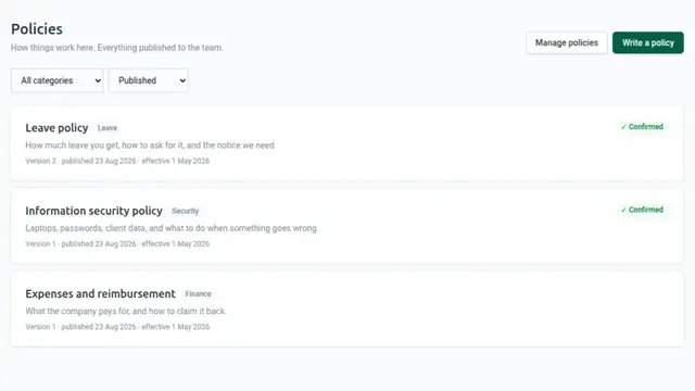 The company policies list with categories, versions and confirmation status